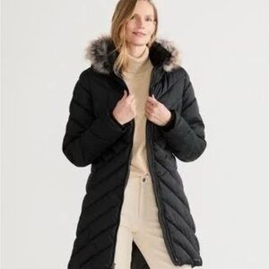 Women's Black Quilted Coat with Fur Hood